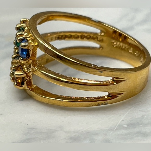 Vintage mothers ring Gold tone Multi Gemstone 6.5 Stackable 3 Band 6 stone - Picture 4 of 11